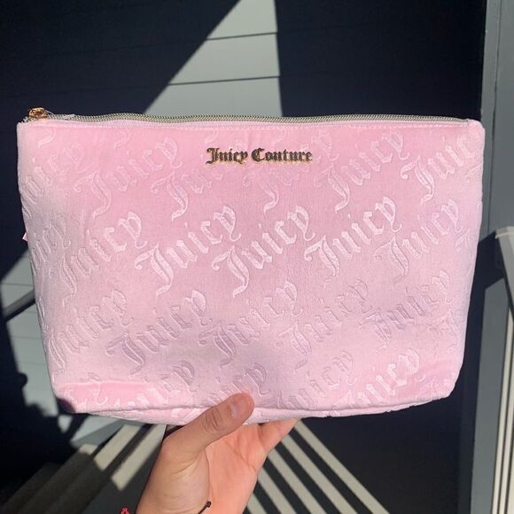 💕👑 RARE PLUSH VELOUR BABY PINK & GOLD JUICY COUTURE COSMETIC BAG 👑💕 - Picture 1 of 4